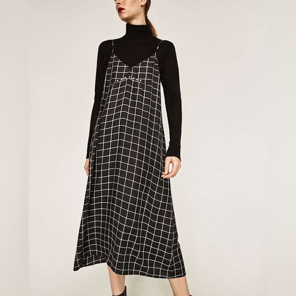 ZARA LONG PLAID FLANNEL STRAPY DRESS BLACK GRAY WHITE CHECKED STUDS S M - Picture 2 of 8